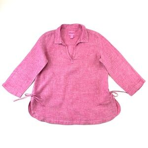 Isaac Mizrahi pink linen blouse Womens small relaxed fit collar Vneck top Casual